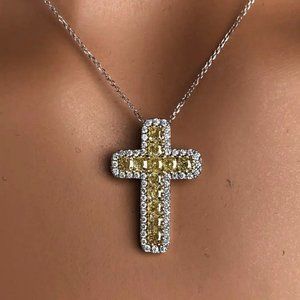 NEW Silver Citrine Diamond Halo Cross Necklace